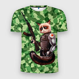 Мужская футболка 3D спортивная с принтом Воинственный кот в Санкт-Петербурге, 100% полиэстер с улучшенными характеристиками | приталенный силуэт, круглая горловина, широкие плечи, сужается к линии бедра | армия | арт | воин | животные | камуфляж | оружие