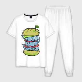 Мужская пижама хлопок с принтом drop dead в Санкт-Петербурге, 100% хлопок | брюки и футболка прямого кроя, без карманов, на брюках мягкая резинка на поясе и по низу штанин
 | burger | cat | citty | hamburger | бургер | гамбургер | кот | кошка