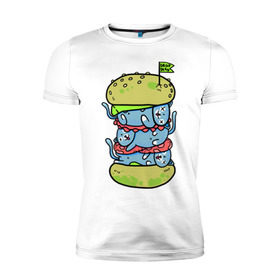 Мужская футболка премиум с принтом drop dead в Санкт-Петербурге, 92% хлопок, 8% лайкра | приталенный силуэт, круглый вырез ворота, длина до линии бедра, короткий рукав | Тематика изображения на принте: burger | cat | citty | hamburger | бургер | гамбургер | кот | кошка