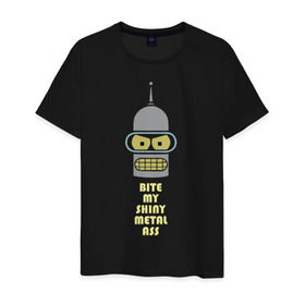 Мужская футболка хлопок с принтом Bite my ass в Санкт-Петербурге, 100% хлопок | прямой крой, круглый вырез горловины, длина до линии бедер, слегка спущенное плечо. | bender | futurama | бендер | зойдберг | космос | футурама