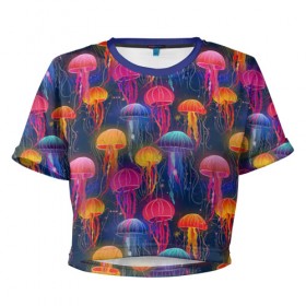 Женская футболка 3D укороченная с принтом Медузы в Санкт-Петербурге, 100% полиэстер | круглая горловина, длина футболки до линии талии, рукава с отворотами | лето | медузы | море | океан. рыбы | подводный мир