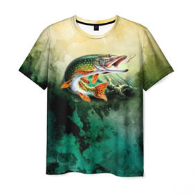 Мужская футболка 3D с принтом Удача в Санкт-Петербурге, 100% полиэфир | прямой крой, круглый вырез горловины, длина до линии бедер | Тематика изображения на принте: вода | река | рыба | рыбак | рыбалка | щука