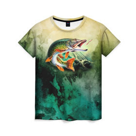 Женская футболка 3D с принтом Удача в Санкт-Петербурге, 100% полиэфир ( синтетическое хлопкоподобное полотно) | прямой крой, круглый вырез горловины, длина до линии бедер | вода | река | рыба | рыбак | рыбалка | щука