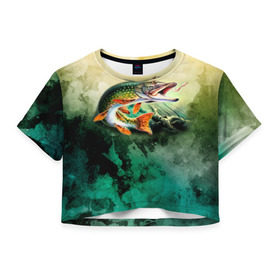 Женская футболка 3D укороченная с принтом Удача в Санкт-Петербурге, 100% полиэстер | круглая горловина, длина футболки до линии талии, рукава с отворотами | вода | река | рыба | рыбак | рыбалка | щука