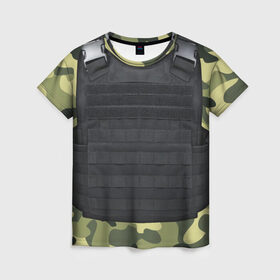 Женская футболка 3D с принтом Бронежилет + камуфляж в Санкт-Петербурге, 100% полиэфир ( синтетическое хлопкоподобное полотно) | прямой крой, круглый вырез горловины, длина до линии бедер | 23февраля | 9 мая | csgo | бронежилет | варфейс | военные | игры | ксго | лучшее