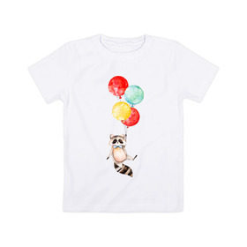Детская футболка хлопок с принтом Енот в Санкт-Петербурге, 100% хлопок | круглый вырез горловины, полуприлегающий силуэт, длина до линии бедер | акварель | бабочка | воздушный | иллюстрация | илюстрация | полет | рисунок | шарик