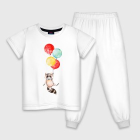 Детская пижама хлопок с принтом Енот в Санкт-Петербурге, 100% хлопок |  брюки и футболка прямого кроя, без карманов, на брюках мягкая резинка на поясе и по низу штанин
 | Тематика изображения на принте: акварель | бабочка | воздушный | иллюстрация | илюстрация | полет | рисунок | шарик