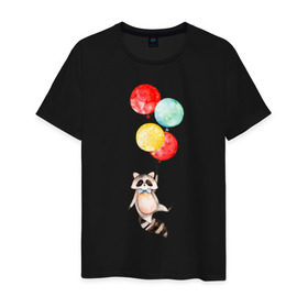 Мужская футболка хлопок с принтом Енот в Санкт-Петербурге, 100% хлопок | прямой крой, круглый вырез горловины, длина до линии бедер, слегка спущенное плечо. | акварель | бабочка | воздушный | иллюстрация | илюстрация | полет | рисунок | шарик