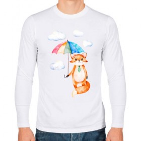 Мужской лонгслив хлопок с принтом Лис в Санкт-Петербурге, 100% хлопок |  | Тематика изображения на принте: акварель | зонт | иллюстрация | облака