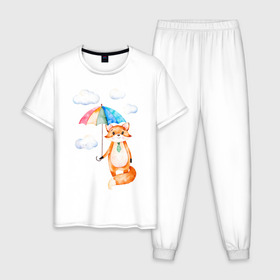 Мужская пижама хлопок с принтом Лис в Санкт-Петербурге, 100% хлопок | брюки и футболка прямого кроя, без карманов, на брюках мягкая резинка на поясе и по низу штанин
 | Тематика изображения на принте: акварель | зонт | иллюстрация | облака