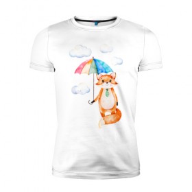 Мужская футболка премиум с принтом Лис в Санкт-Петербурге, 92% хлопок, 8% лайкра | приталенный силуэт, круглый вырез ворота, длина до линии бедра, короткий рукав | акварель | зонт | иллюстрация | облака