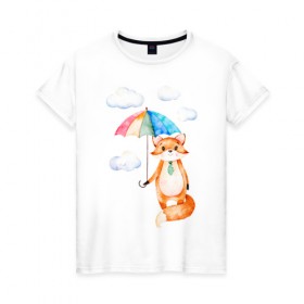 Женская футболка хлопок с принтом Лис в Санкт-Петербурге, 100% хлопок | прямой крой, круглый вырез горловины, длина до линии бедер, слегка спущенное плечо | акварель | зонт | иллюстрация | облака