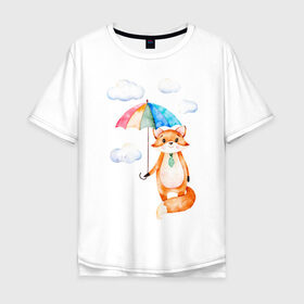 Мужская футболка хлопок Oversize с принтом Лис в Санкт-Петербурге, 100% хлопок | свободный крой, круглый ворот, “спинка” длиннее передней части | Тематика изображения на принте: акварель | зонт | иллюстрация | облака