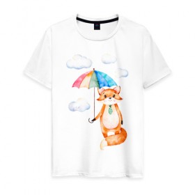 Мужская футболка хлопок с принтом Лис в Санкт-Петербурге, 100% хлопок | прямой крой, круглый вырез горловины, длина до линии бедер, слегка спущенное плечо. | Тематика изображения на принте: акварель | зонт | иллюстрация | облака
