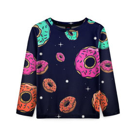 Детский лонгслив 3D с принтом Black Milk Космические Пончики в Санкт-Петербурге, 100% полиэстер | длинные рукава, круглый вырез горловины, полуприлегающий силуэт
 | black milk | donut | donuts | space | the simpsons | trend | глазурь | дизайн | еда | звезда | звёзды | космос | мода | пончик | симпсоны | симсоны | сладкий | стиль | тренд | узор