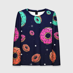 Женский лонгслив 3D с принтом Black Milk Космические Пончики в Санкт-Петербурге, 100% полиэстер | длинные рукава, круглый вырез горловины, полуприлегающий силуэт | black milk | donut | donuts | space | the simpsons | trend | глазурь | дизайн | еда | звезда | звёзды | космос | мода | пончик | симпсоны | симсоны | сладкий | стиль | тренд | узор