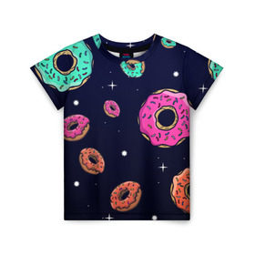 Детская футболка 3D с принтом Black Milk Космические Пончики в Санкт-Петербурге, 100% гипоаллергенный полиэфир | прямой крой, круглый вырез горловины, длина до линии бедер, чуть спущенное плечо, ткань немного тянется | black milk | donut | donuts | space | the simpsons | trend | глазурь | дизайн | еда | звезда | звёзды | космос | мода | пончик | симпсоны | симсоны | сладкий | стиль | тренд | узор