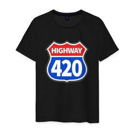 Мужская футболка хлопок с принтом HIGHWAY 420 в Санкт-Петербурге, 100% хлопок | прямой крой, круглый вырез горловины, длина до линии бедер, слегка спущенное плечо. | Тематика изображения на принте: 420 | bob marley | bong | buds | high way | highway | joint | smoke | weed | боб марли | бонг | бошки | джоинт | косяк