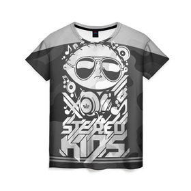Женская футболка 3D с принтом Black Milk Stereo Kids в Санкт-Петербурге, 100% полиэфир ( синтетическое хлопкоподобное полотно) | прямой крой, круглый вырез горловины, длина до линии бедер | black milk | dj | kids | stereo | дети | дизайн | камуфляж | малыш | мода | наушники | ноты | очки | ребёнок | стерео | стиль