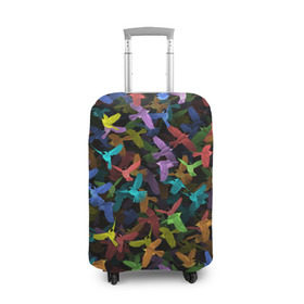 Чехол для чемодана 3D с принтом Разноцветные птички в Санкт-Петербурге, 86% полиэфир, 14% спандекс | двустороннее нанесение принта, прорези для ручек и колес | ворбьи | куча | паттерн | птица | птицы | радуга | радужный | синцы | стая | текстура