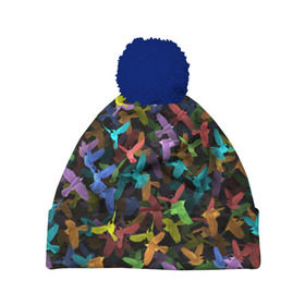 Шапка 3D c помпоном с принтом Разноцветные птички в Санкт-Петербурге, 100% полиэстер | универсальный размер, печать по всей поверхности изделия | ворбьи | куча | паттерн | птица | птицы | радуга | радужный | синцы | стая | текстура