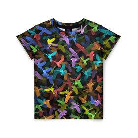 Детская футболка 3D с принтом Разноцветные птички в Санкт-Петербурге, 100% гипоаллергенный полиэфир | прямой крой, круглый вырез горловины, длина до линии бедер, чуть спущенное плечо, ткань немного тянется | ворбьи | куча | паттерн | птица | птицы | радуга | радужный | синцы | стая | текстура