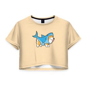 Женская футболка 3D укороченная с принтом Пес-акула в Санкт-Петербурге, 100% полиэстер | круглая горловина, длина футболки до линии талии, рукава с отворотами | акула | пёс | песик | рисунок