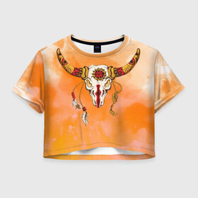 Женская футболка 3D укороченная с принтом этника в Санкт-Петербурге, 100% полиэстер | круглая горловина, длина футболки до линии талии, рукава с отворотами | индейцы | ловец снов | орнамент | перья | пустыня | рога | тотем | узоры | череп | этно