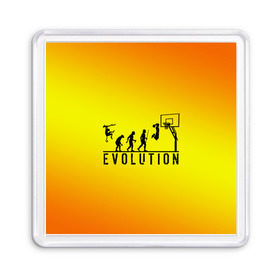 Магнит 55*55 с принтом Эволюция баскетбола в Санкт-Петербурге, Пластик | Размер: 65*65 мм; Размер печати: 55*55 мм | Тематика изображения на принте: basketball | evolution | желтый | обезьяна человек | оранжевый | эволюция