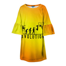 Детское платье 3D с принтом Эволюция баскетбола в Санкт-Петербурге, 100% полиэстер | прямой силуэт, чуть расширенный к низу. Круглая горловина, на рукавах — воланы | basketball | evolution | желтый | обезьяна человек | оранжевый | эволюция