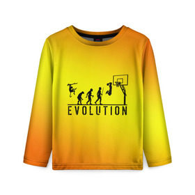 Детский лонгслив 3D с принтом Эволюция баскетбола в Санкт-Петербурге, 100% полиэстер | длинные рукава, круглый вырез горловины, полуприлегающий силуэт
 | basketball | evolution | желтый | обезьяна человек | оранжевый | эволюция