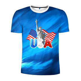 Мужская футболка 3D спортивная с принтом USA в Санкт-Петербурге, 100% полиэстер с улучшенными характеристиками | приталенный силуэт, круглая горловина, широкие плечи, сужается к линии бедра | Тематика изображения на принте: 3d | blue | usa | америка | города | краски | любовь | страны | сша | турист | флаг