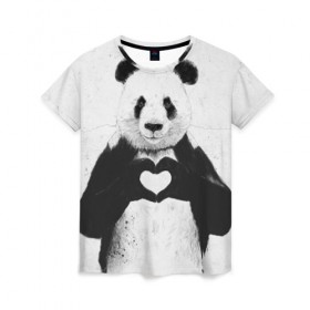 Женская футболка 3D с принтом Panda heart в Санкт-Петербурге, 100% полиэфир ( синтетическое хлопкоподобное полотно) | прямой крой, круглый вырез горловины, длина до линии бедер | heart | panda | арт | клевый | красивый | панда | рисунок | сердце
