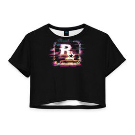 Женская футболка 3D укороченная с принтом Rockstar Noise в Санкт-Петербурге, 100% полиэстер | круглая горловина, длина футболки до линии талии, рукава с отворотами | auto | dead | grand | gta | red | redemption | theft | гта | рокстар