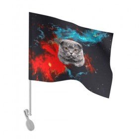 Флаг для автомобиля с принтом Космический кот в Санкт-Петербурге, 100% полиэстер | Размер: 30*21 см | 3d | cat | арт | взгляд | кот | кот хипстер | котёнок | котятки | котятушки | кошечки | кошка | мордочка