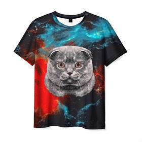 Мужская футболка 3D с принтом Космический кот в Санкт-Петербурге, 100% полиэфир | прямой крой, круглый вырез горловины, длина до линии бедер | 3d | cat | арт | взгляд | кот | кот хипстер | котёнок | котятки | котятушки | кошечки | кошка | мордочка