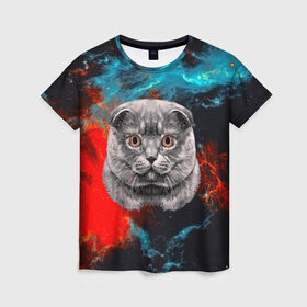 Женская футболка 3D с принтом Космический кот в Санкт-Петербурге, 100% полиэфир ( синтетическое хлопкоподобное полотно) | прямой крой, круглый вырез горловины, длина до линии бедер | 3d | cat | арт | взгляд | кот | кот хипстер | котёнок | котятки | котятушки | кошечки | кошка | мордочка