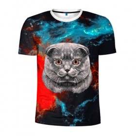 Мужская футболка 3D спортивная с принтом Космический кот в Санкт-Петербурге, 100% полиэстер с улучшенными характеристиками | приталенный силуэт, круглая горловина, широкие плечи, сужается к линии бедра | 3d | cat | арт | взгляд | кот | кот хипстер | котёнок | котятки | котятушки | кошечки | кошка | мордочка