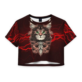 Женская футболка 3D укороченная с принтом Electro cat в Санкт-Петербурге, 100% полиэстер | круглая горловина, длина футболки до линии талии, рукава с отворотами | cat | взгляд | кот | кот хипстер | котёнок | котятки | кошка | молния | мордочка | разряд | электричество