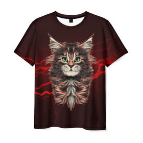 Мужская футболка 3D с принтом Electro cat в Санкт-Петербурге, 100% полиэфир | прямой крой, круглый вырез горловины, длина до линии бедер | cat | взгляд | кот | кот хипстер | котёнок | котятки | кошка | молния | мордочка | разряд | электричество