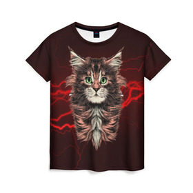 Женская футболка 3D с принтом Electro cat в Санкт-Петербурге, 100% полиэфир ( синтетическое хлопкоподобное полотно) | прямой крой, круглый вырез горловины, длина до линии бедер | cat | взгляд | кот | кот хипстер | котёнок | котятки | кошка | молния | мордочка | разряд | электричество