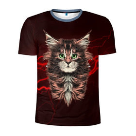 Мужская футболка 3D спортивная с принтом Electro cat в Санкт-Петербурге, 100% полиэстер с улучшенными характеристиками | приталенный силуэт, круглая горловина, широкие плечи, сужается к линии бедра | cat | взгляд | кот | кот хипстер | котёнок | котятки | кошка | молния | мордочка | разряд | электричество