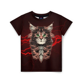Детская футболка 3D с принтом Electro cat в Санкт-Петербурге, 100% гипоаллергенный полиэфир | прямой крой, круглый вырез горловины, длина до линии бедер, чуть спущенное плечо, ткань немного тянется | cat | взгляд | кот | кот хипстер | котёнок | котятки | кошка | молния | мордочка | разряд | электричество