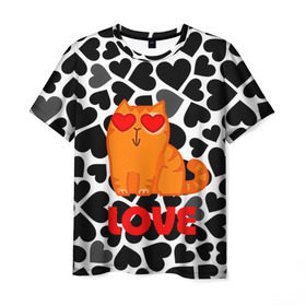 Мужская футболка 3D с принтом Влюбленный котик в Санкт-Петербурге, 100% полиэфир | прямой крой, круглый вырез горловины, длина до линии бедер | сердечки
