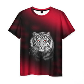 Мужская футболка 3D с принтом Тигр красные глаза в Санкт-Петербурге, 100% полиэфир | прямой крой, круглый вырез горловины, длина до линии бедер |  хищник | багровый | большая кошка | глаза. красные | красный | кровавый | тигр