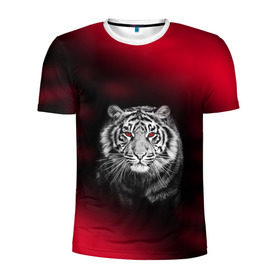 Мужская футболка 3D спортивная с принтом Тигр красные глаза в Санкт-Петербурге, 100% полиэстер с улучшенными характеристиками | приталенный силуэт, круглая горловина, широкие плечи, сужается к линии бедра |  хищник | багровый | большая кошка | глаза. красные | красный | кровавый | тигр
