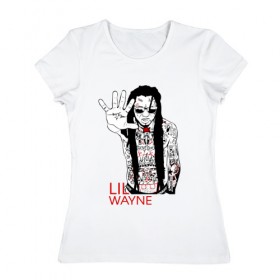 Женская футболка хлопок с принтом Lil Wayne 1 в Санкт-Петербурге, 100% хлопок | прямой крой, круглый вырез горловины, длина до линии бедер, слегка спущенное плечо | Тематика изображения на принте: lil wayne | rap | лил уэйн | рэп | хип хоп