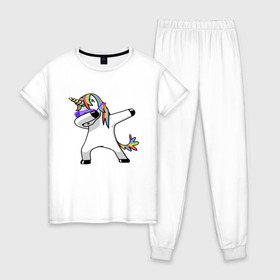 Женская пижама хлопок с принтом Unicorn dab в Санкт-Петербурге, 100% хлопок | брюки и футболка прямого кроя, без карманов, на брюках мягкая резинка на поясе и по низу штанин | арт | единорог | животные | музыка