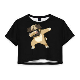 Женская футболка 3D укороченная с принтом Dog dab в Санкт-Петербурге, 100% полиэстер | круглая горловина, длина футболки до линии талии, рукава с отворотами | Тематика изображения на принте: арт | животное | мопс | музыка | собака