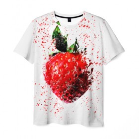 Мужская футболка 3D с принтом Клубника в Санкт-Петербурге, 100% полиэфир | прямой крой, круглый вырез горловины, длина до линии бедер | брызги | земляника | клубника | краски | красный | природа | рисунок | фрукты